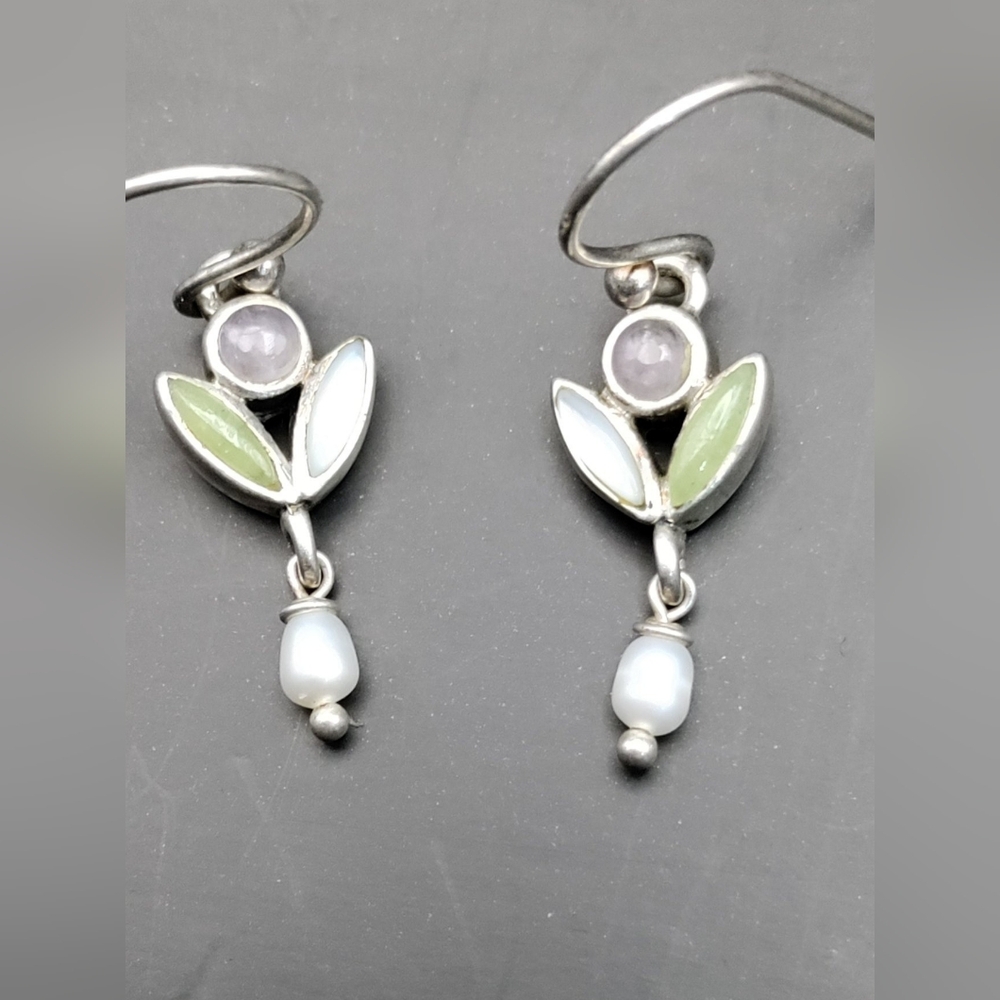 Unique Sterling Silver, Amethyst, Peridot, Moonstone, and Seed Pearl Earrings.